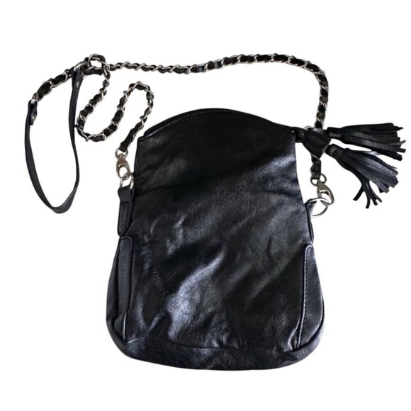 Black Leather Crossbody Tassel Bag W/ Woven Chain Strap - Picture 3 of 12
